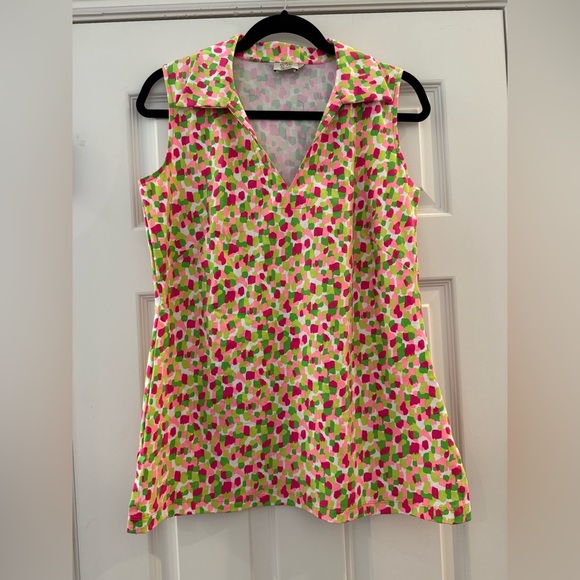 NWOT KATHERINE WAY sleeveless golf tank top collared pink green medium - Picture 1 of 4